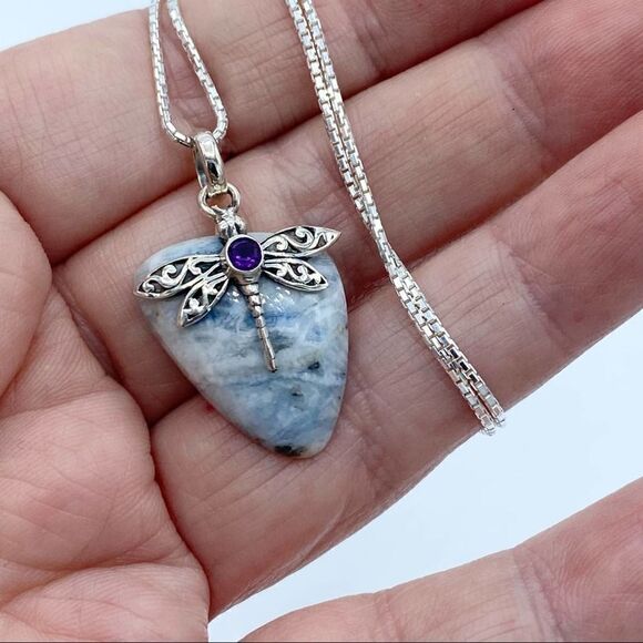 Dragonfly Blue Scheelite & Amethyst Solid Sterling Silver Necklace - Picture 4 of 4